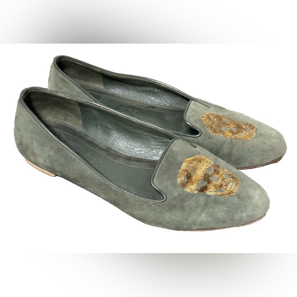 ALEXANDER McQUEEN Sequin Skull Flat Shoes Green Suede Size 36 /6 Made In Italy